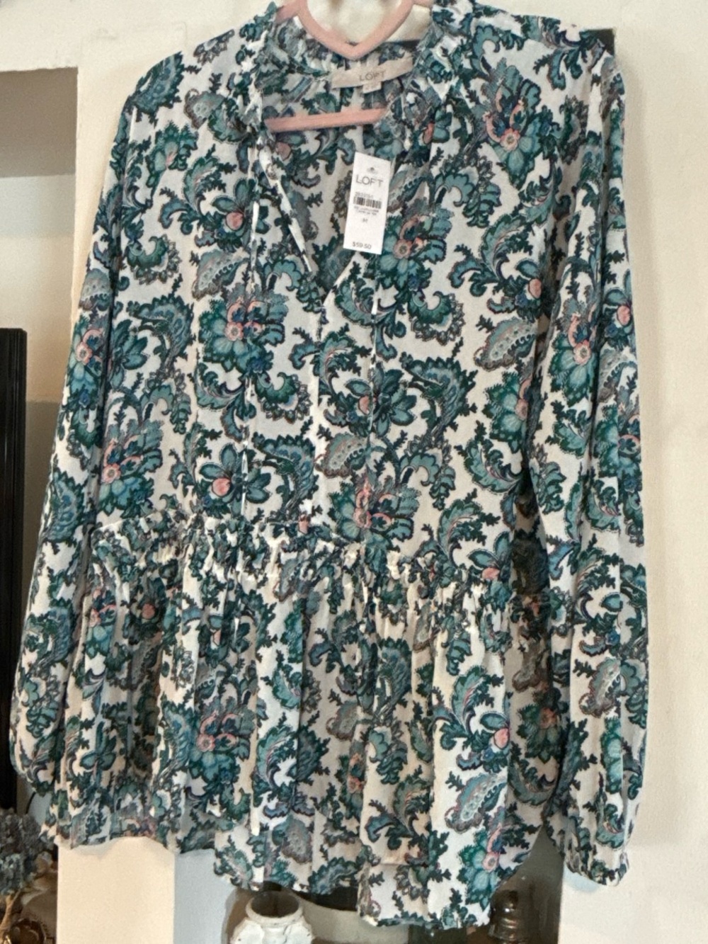 LOFT Teal and Pink Floral Paisley Peplum Tunic